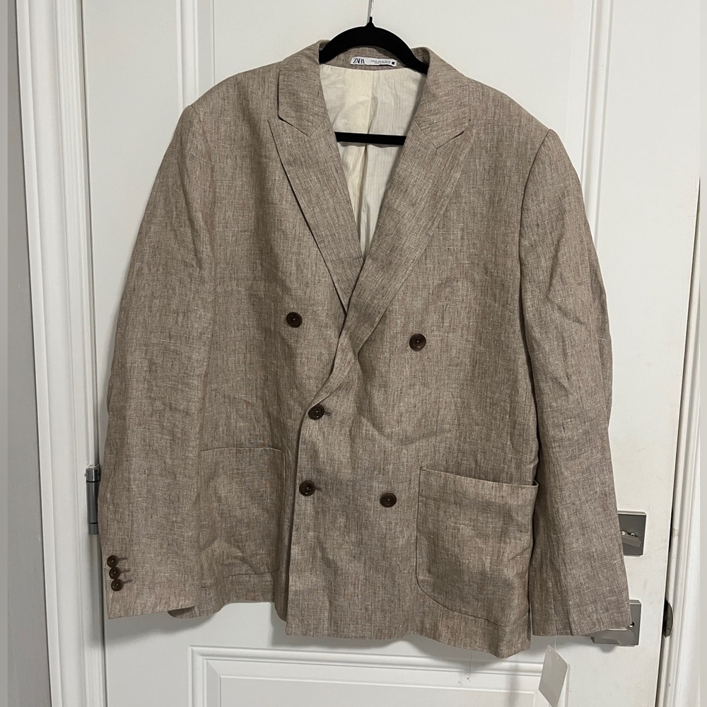 Zara Men’s 100% Linen Double Breasted Herringbone Suit Jacket - US 44/XL